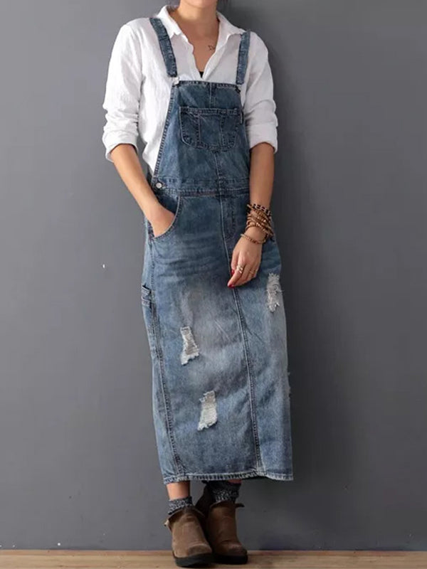 Lizz - Jean Slit Back Dungarees Dress