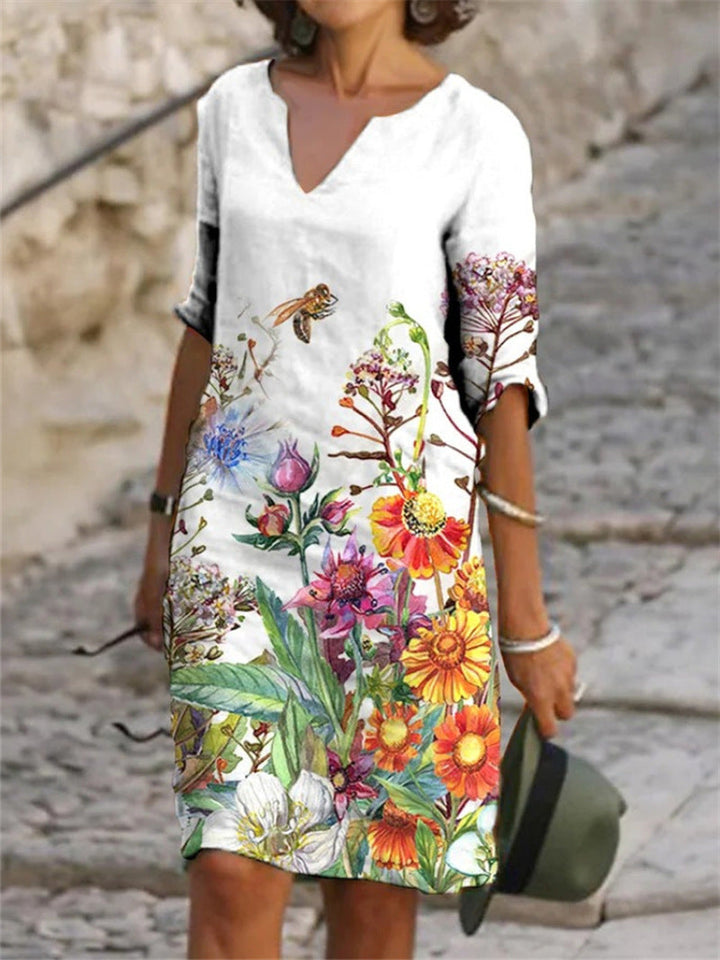 Vlora - Charming Linen Dress with Floral Print